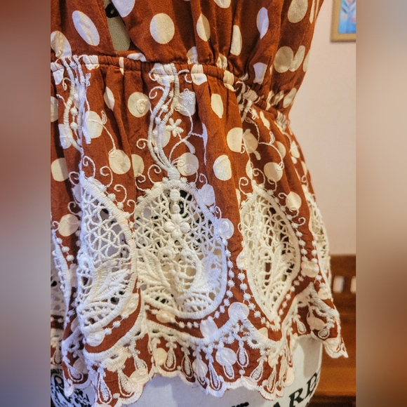 Free People Lunch Date Rust Polka Dot Adjustable Boho Halter Top, Babydoll M EUC - Picture 8 of 15